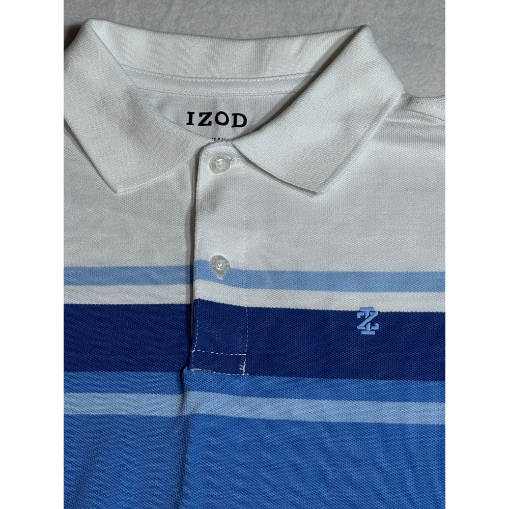 IZOD Boys Blue White Striped Short Sleeve Polo Shirt Size L 14/16 NWT IZSHB5CK